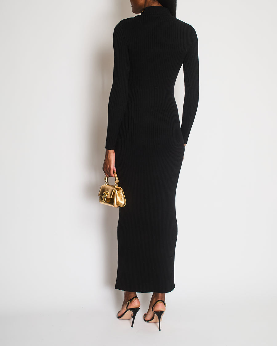 Balmain Ribbed Wool Black Highneck Longsleeve Dress with Gold Buttons Detail Size FR 38 (UK 10) RRP £2150