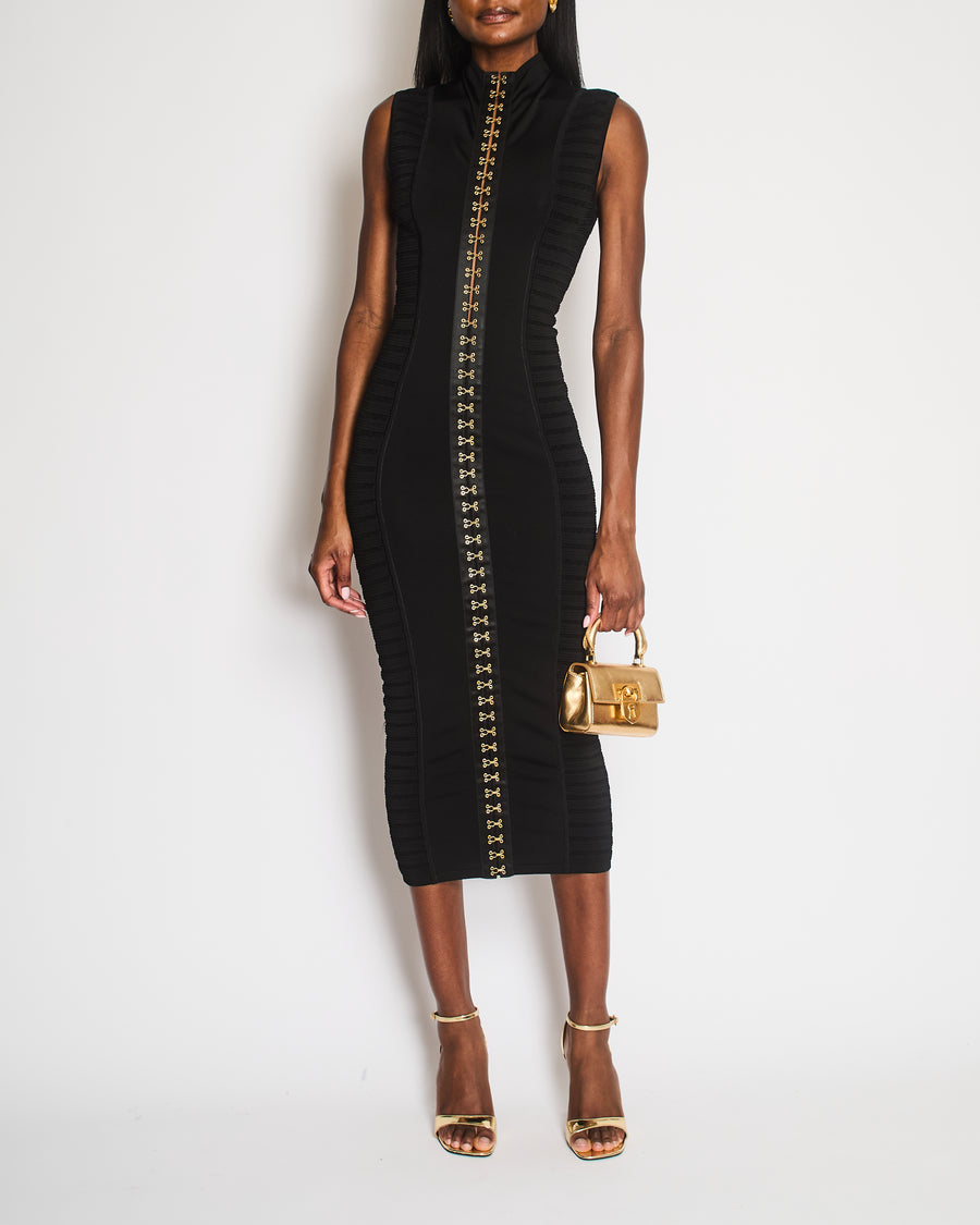 Balmain Black Sleeveless Long Dress with Gold Hooks and Eye Details Si Sellier Balmain Black Sleeveless Long Dress with Gold Hooks and Eye Details Si Sellier