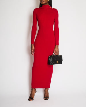 Balmain High Neck Red Knitted Maxi Dress with Gold Button Detail Size FR 38 (UK 10)