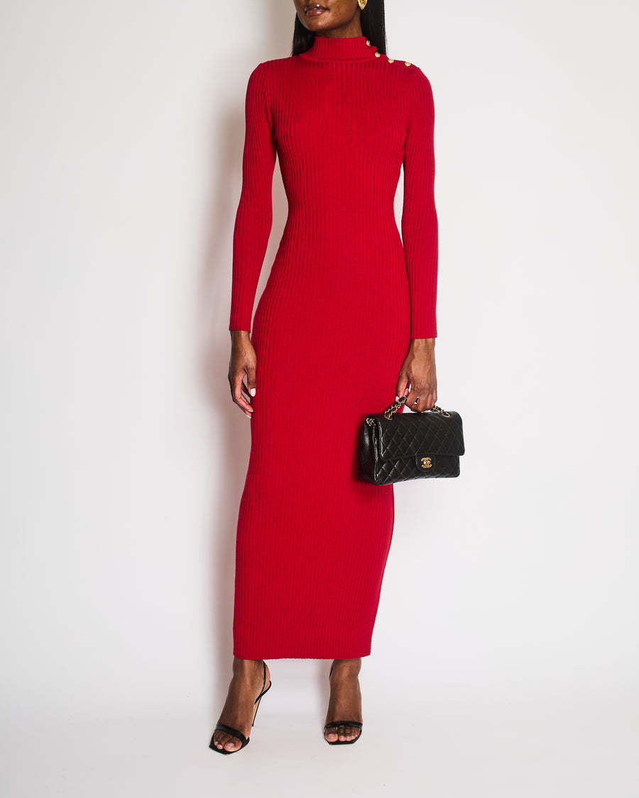 Balmain High Neck Red Knitted Maxi Dress with Gold Button Detail Size FR 38 (UK 10)