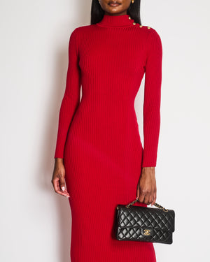 Balmain High Neck Red Knitted Maxi Dress with Gold Button Detail Size FR 38 (UK 10)
