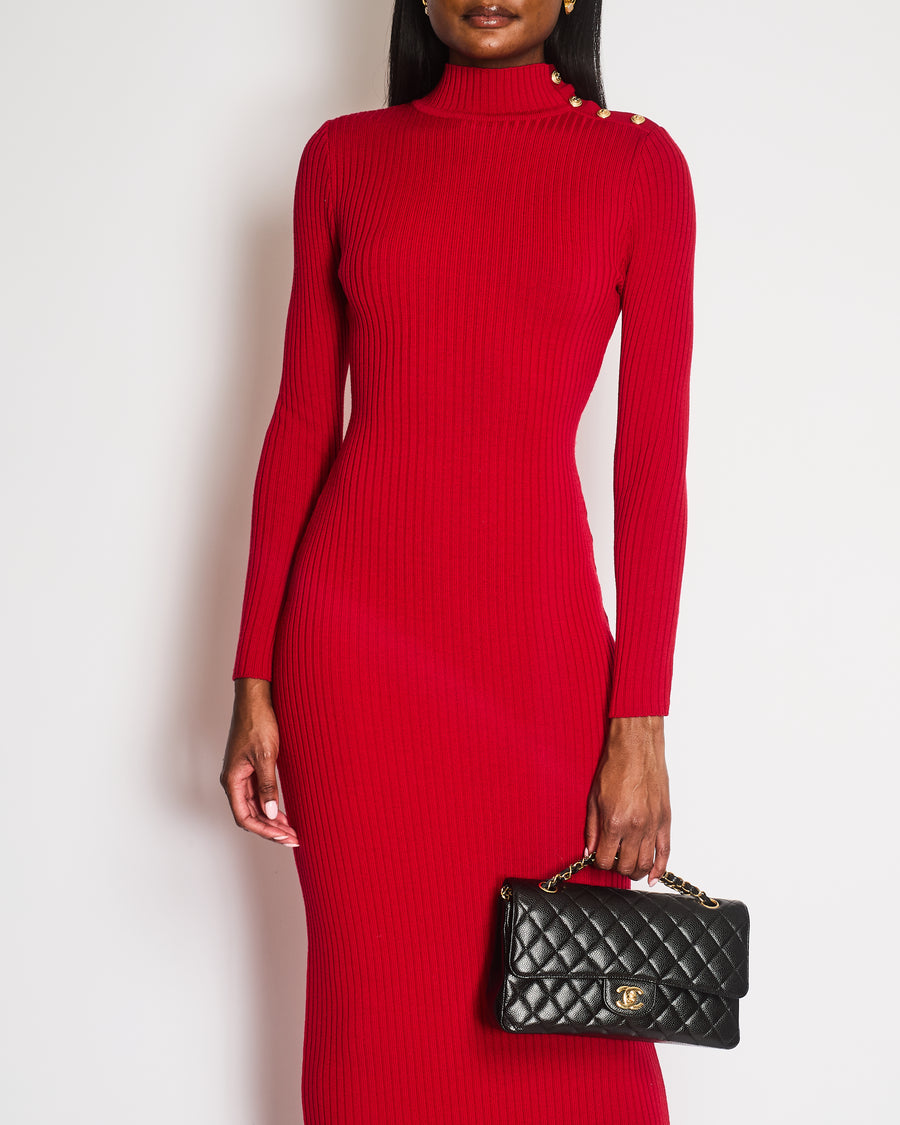 Balmain High Neck Red Knitted Maxi Dress with Gold Button Detail Size FR 38 (UK 10)