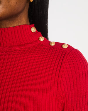 Balmain High Neck Red Knitted Maxi Dress with Gold Button Detail Size FR 38 (UK 10)