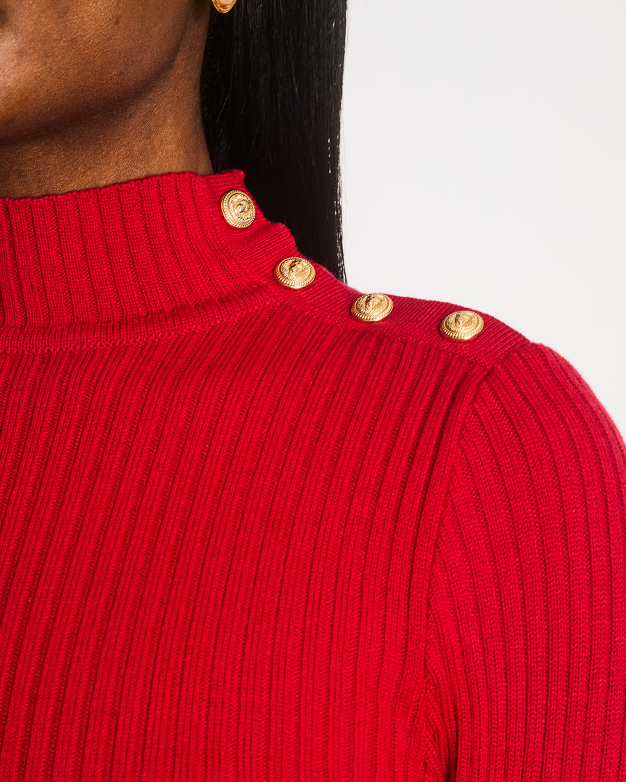 Balmain High Neck Red Knitted Maxi Dress with Gold Button Detail Size FR 38 (UK 10)