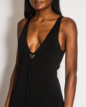 Balmain Black Lace Up Long Dress with Gold Zip Detail Size FR 36 (UK 8)