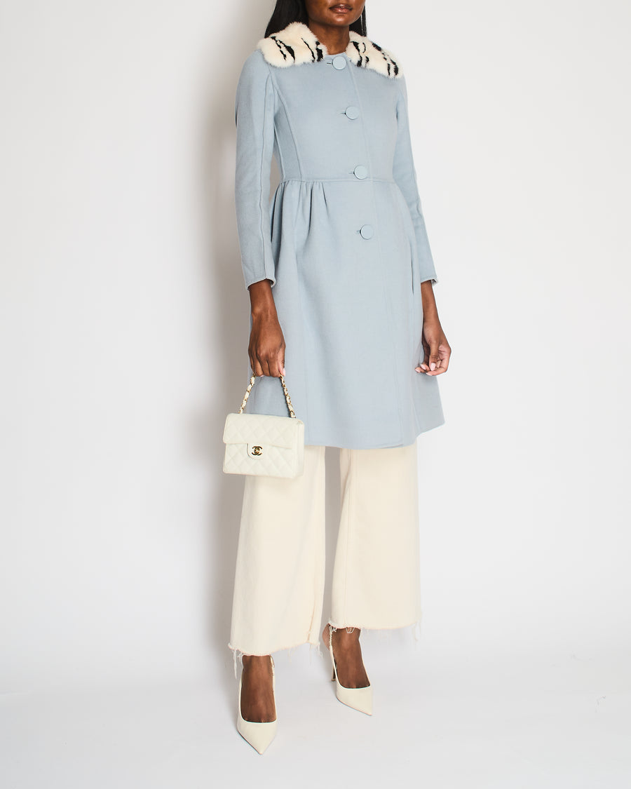 Fendi Light Blue Wool Coat with Black and White Mink Fur Collar Size IT 38 (UK 6)