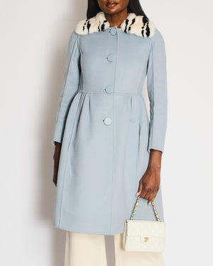 Fendi Light Blue Wool Coat with Black and White Mink Fur Collar Size IT 38 (UK 6)