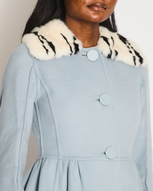 Fendi Light Blue Wool Coat with Black and White Mink Fur Collar Size IT 38 (UK 6)