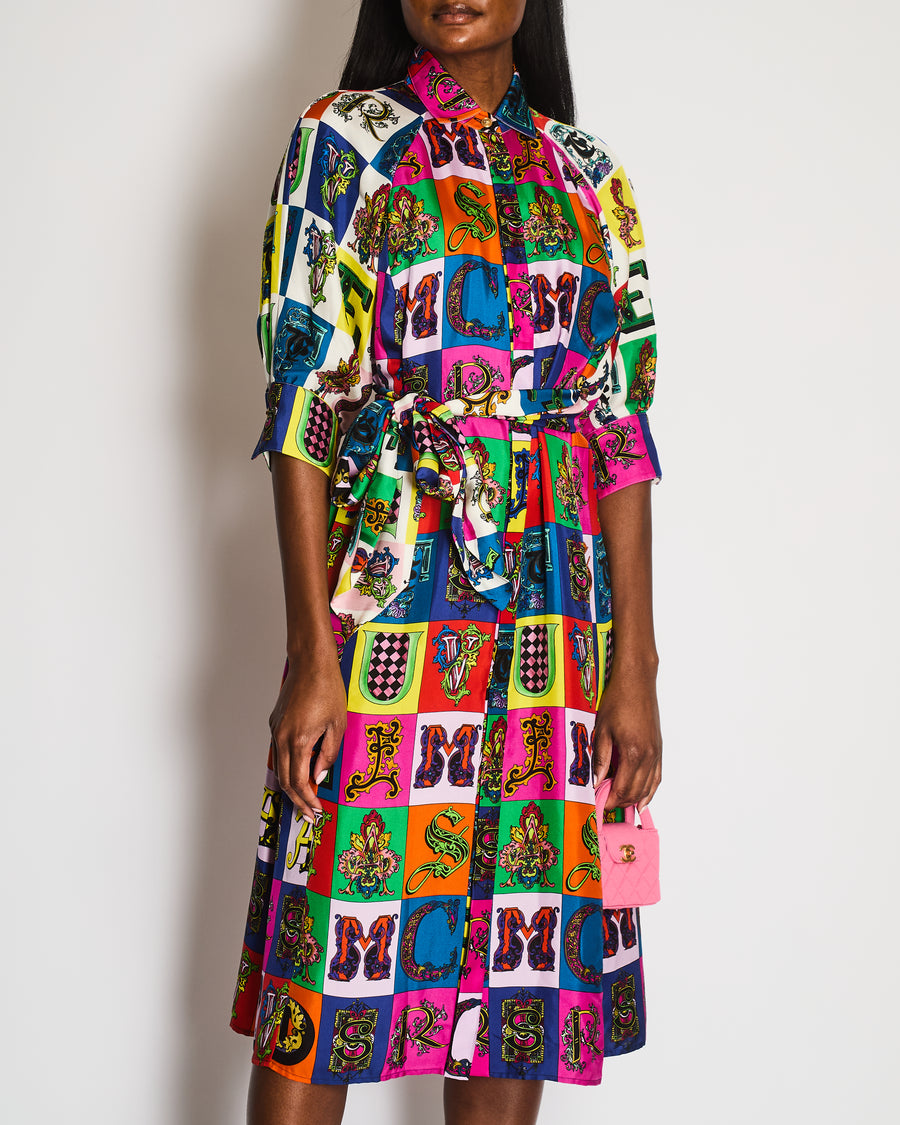 Versace Multi-Colour Silk Alphabet Print Midi Dress with Belt Size IT 46 (UK 14)