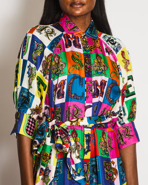 Versace Multi-Colour Silk Alphabet Print Midi Dress with Belt Size IT 46 (UK 14)