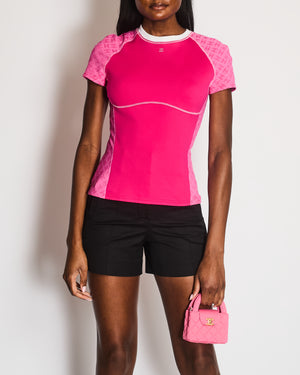 Chanel Cruise 2024 Hot Pink Short Sleeved Top with CC Logo Prints and Crystal CC Logo Detail Size FR 40 (UK 12)