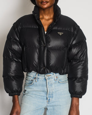 Prada Black Mat Re-Nylon Cropped Puffer Jacket with Detachable Sleeves IT 38 (UK 6) RRP £1840