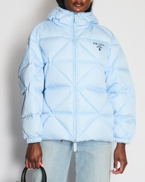Prada Baby Blue Hooded Quilted Down Re-Nylon Puffer Jacket Size IT 36 (UK 4)