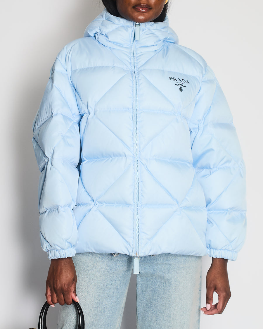 Prada Baby Blue Hooded Quilted Down Re-Nylon Puffer Jacket Size IT 36 (UK 4)