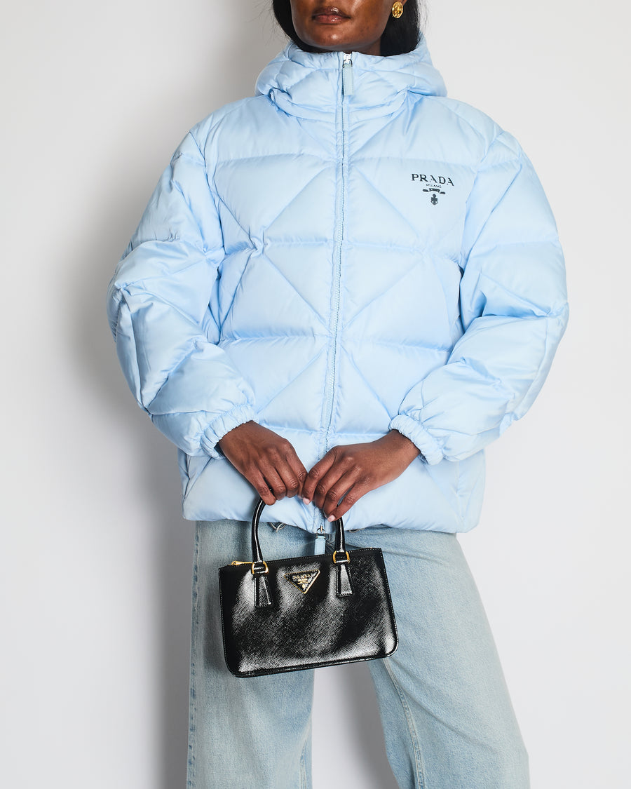 Prada Baby Blue Hooded Quilted Down Re-Nylon Puffer Jacket Size IT 36 (UK 4)