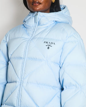 Prada Baby Blue Hooded Quilted Down Re-Nylon Puffer Jacket Size IT 36 (UK 4)