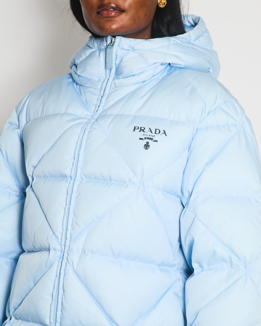 Prada Baby Blue Hooded Quilted Down Re-Nylon Puffer Jacket Size IT 36 (UK 4)