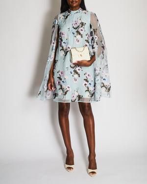 Erdem Pastel Blue Floral Embellished Button Down Dress with Silk Cape Detail Size FR 36 (UK 8)