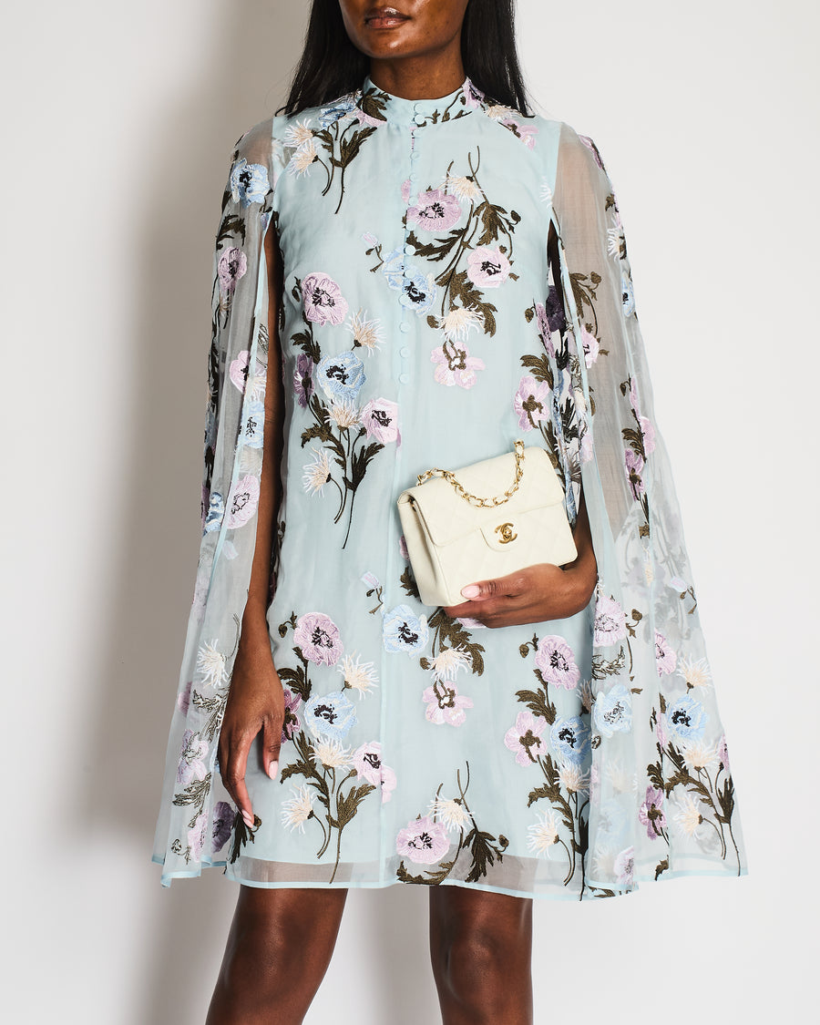 Erdem Pastel Blue Floral Embellished Button Down Dress with Silk Cape Detail Size FR 36 (UK 8)
