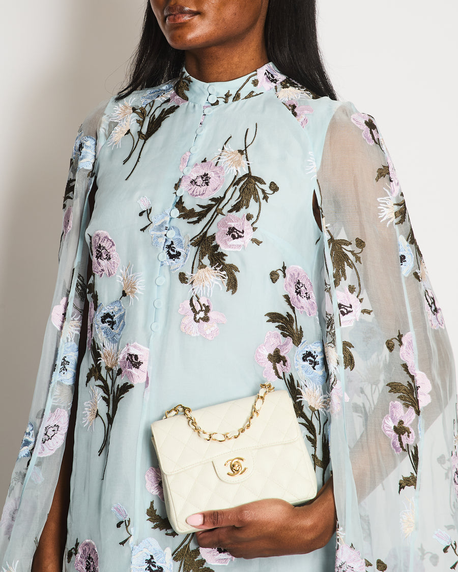 Erdem Pastel Blue Floral Embellished Button Down Dress with Silk Cape Detail Size FR 36 (UK 8)