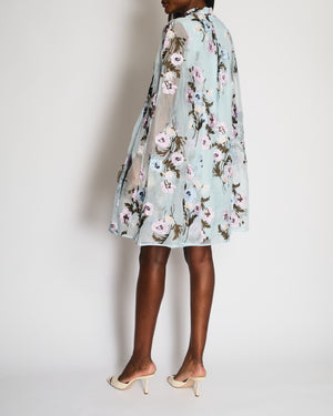 Erdem Pastel Blue Floral Embellished Button Down Dress with Silk Cape Detail Size FR 36 (UK 8)