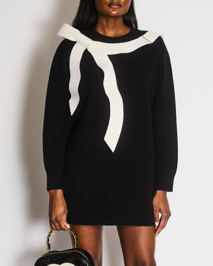 Chanel 25AW Black Cashmere Knitted Short-Sleeved Long Sleeve Dress with Ivory Long Bow Detail Size FR 38 (UK 10)