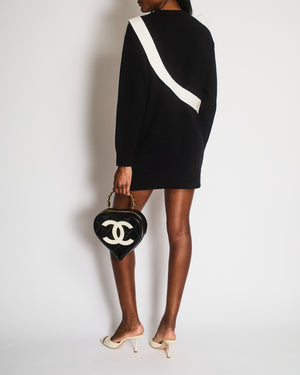 Chanel 25AW Black Cashmere Knitted Short-Sleeved Long Sleeve Dress with Ivory Long Bow Detail Size FR 38 (UK 10)