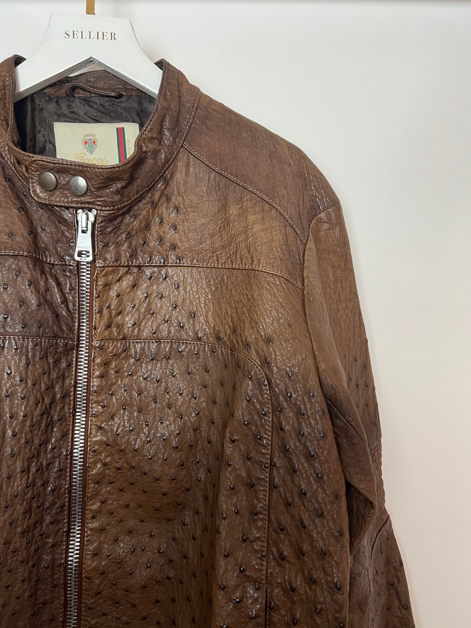Gucci Vintage Menswear Brown Ostrich Leather Biker Jacket Size IT 