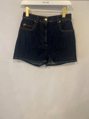 Louis Vuitton Blue Indigo Denim Shorts with Brown Leather LV Monogram Pocket Detail Size FR 38 (UK 10)