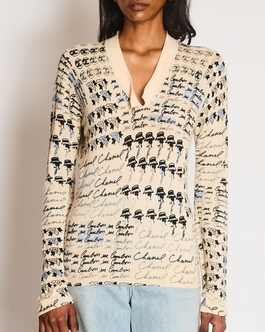 Chanel 06/C Cream V-Neck Long Sleeve Jumper with Gabrielle CC Logo Detail Size FR 38 (UK 10)