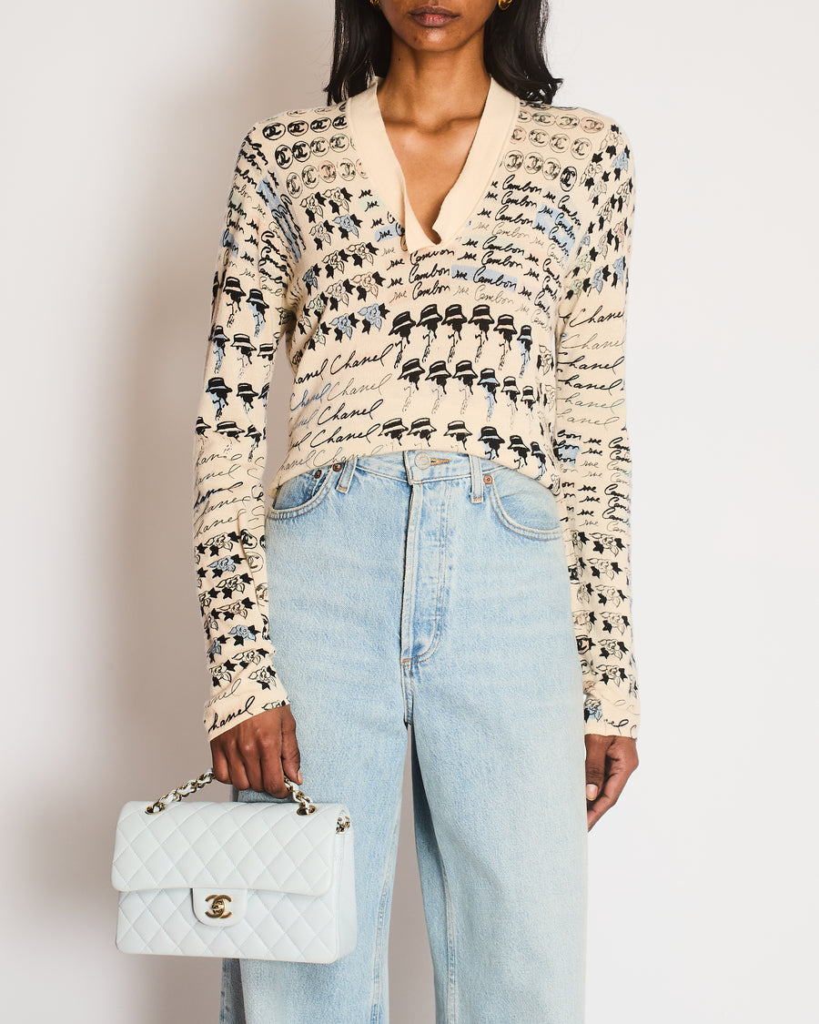 Chanel 06/C Cream V-Neck Long Sleeve Jumper with Gabrielle CC Logo Detail Size FR 38 (UK 10)