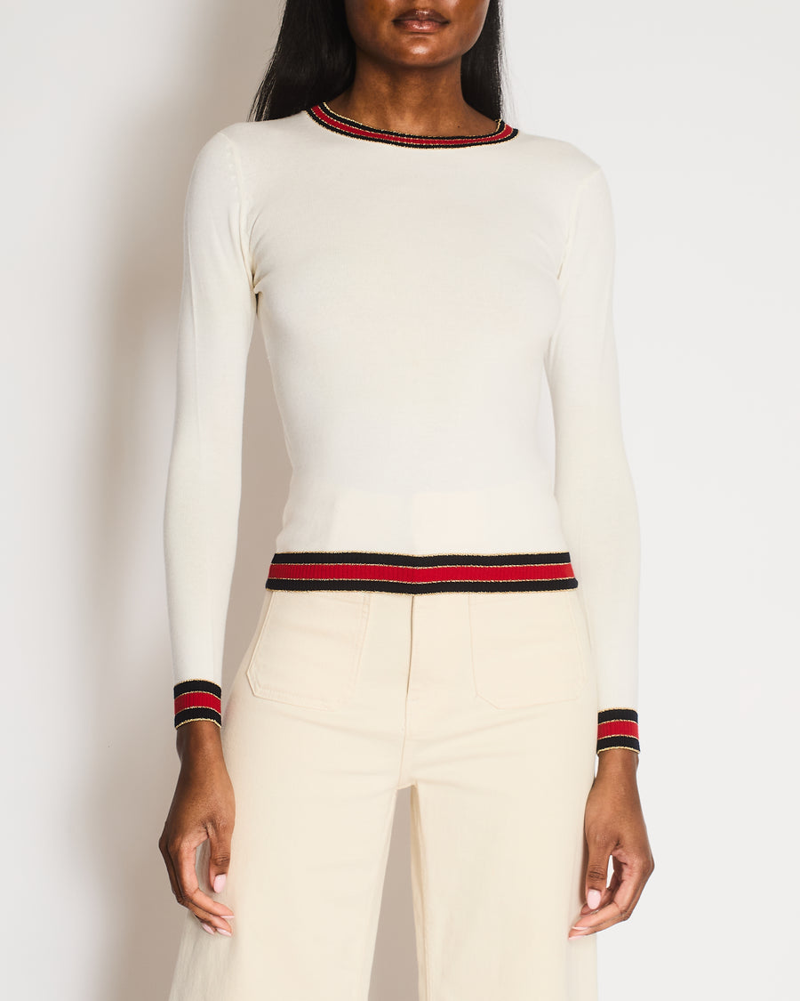Gucci White Long Sleeve Knitted Jumper with Striped Trim Detail Size IT 38 (UK 6)