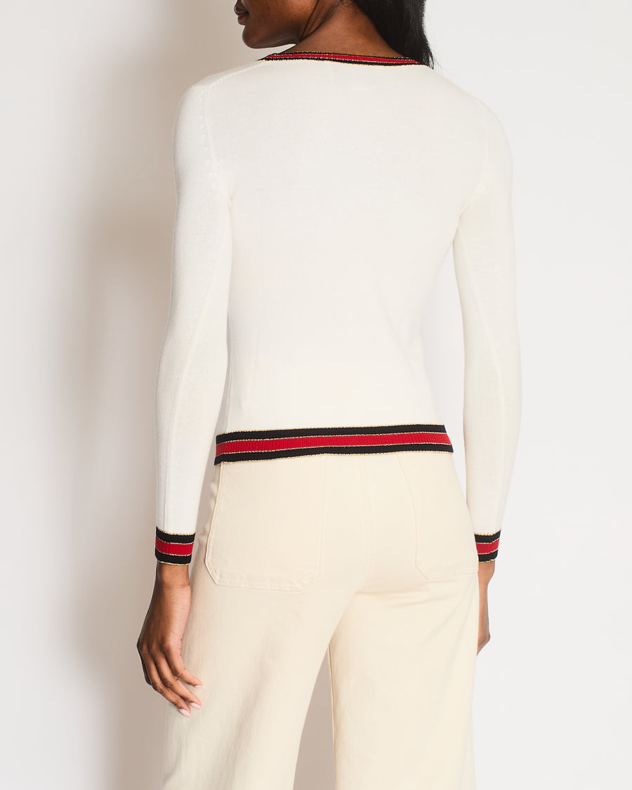 Gucci White Long Sleeve Knitted Jumper with Striped Trim Detail Size IT 38 (UK 6)