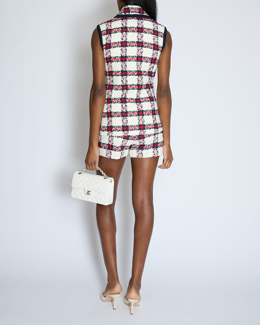 Gucci Cream Checkered Double Breasted Sleeveless Jacket with Button Detail Size IT 38 (UK 6)