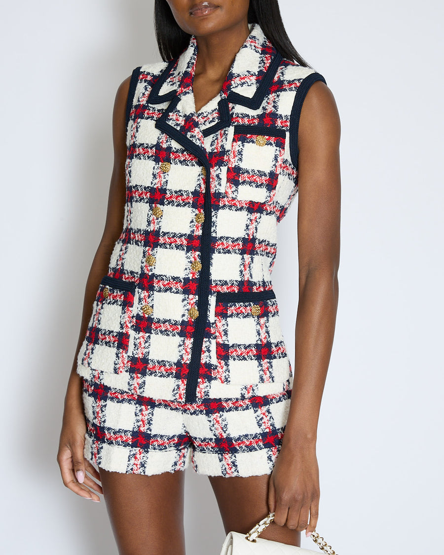 Gucci Cream Checkered Double Breasted Sleeveless Jacket with Button Detail Size IT 38 (UK 6)