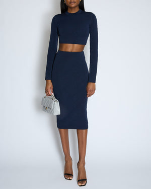 Fendi Navy Knitted FF Logo Zucca Chain Pattern Set with Pencil Skirt and Cropped Long Sleeve Top Size IT 38 (UK 6)