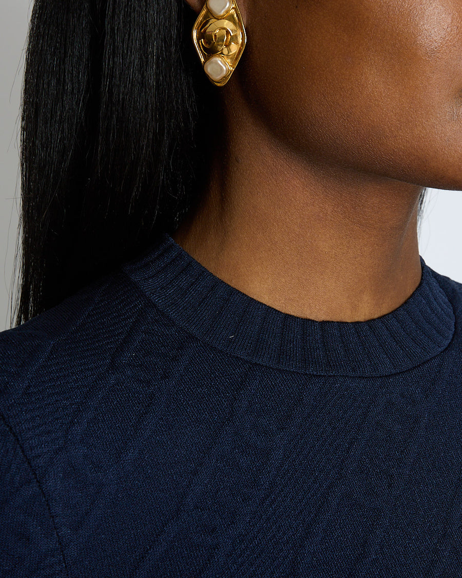 Fendi Navy Knitted FF Logo Zucca Chain Pattern Set with Pencil Skirt and Cropped Long Sleeve Top Size IT 38 (UK 6)