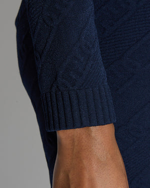 Fendi Navy Knitted FF Logo Zucca Chain Pattern Set with Pencil Skirt and Cropped Long Sleeve Top Size IT 38 (UK 6)