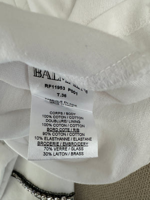 Balmain White Thick Cotton T-shirt with Embellished Logo Detail Size FR 36 (UK 8)