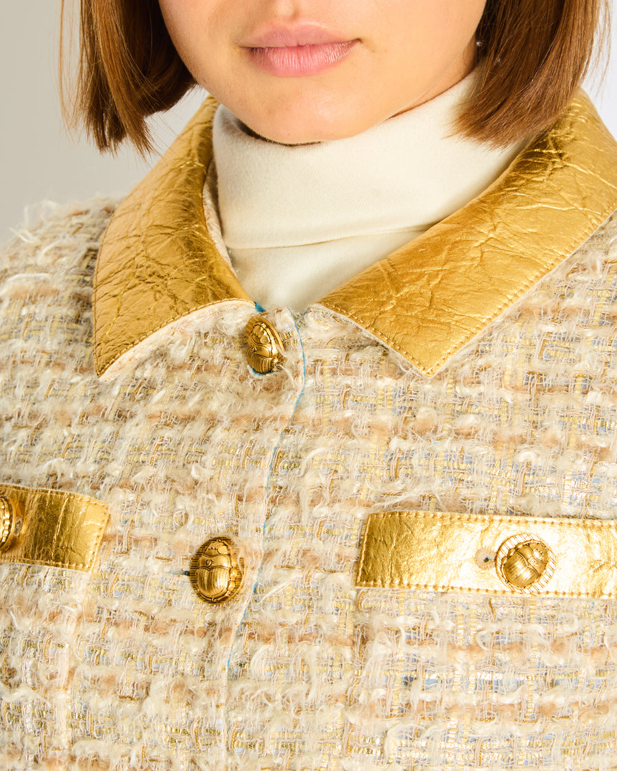 *HOT* Chanel 19F Egyptian Gold Pineapple and Beige Jacket with Antique Gold Buttons and Pockets Detailing Size FR 34 (UK 6)