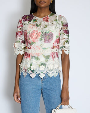 Dolce & Gabbana White and Pink Flower Pattern Top with Lace Detail Size IT 46 (UK 14)