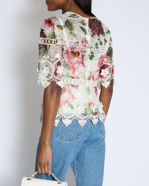 Dolce & Gabbana White and Pink Flower Pattern Top with Lace Detail Size IT 46 (UK 14)