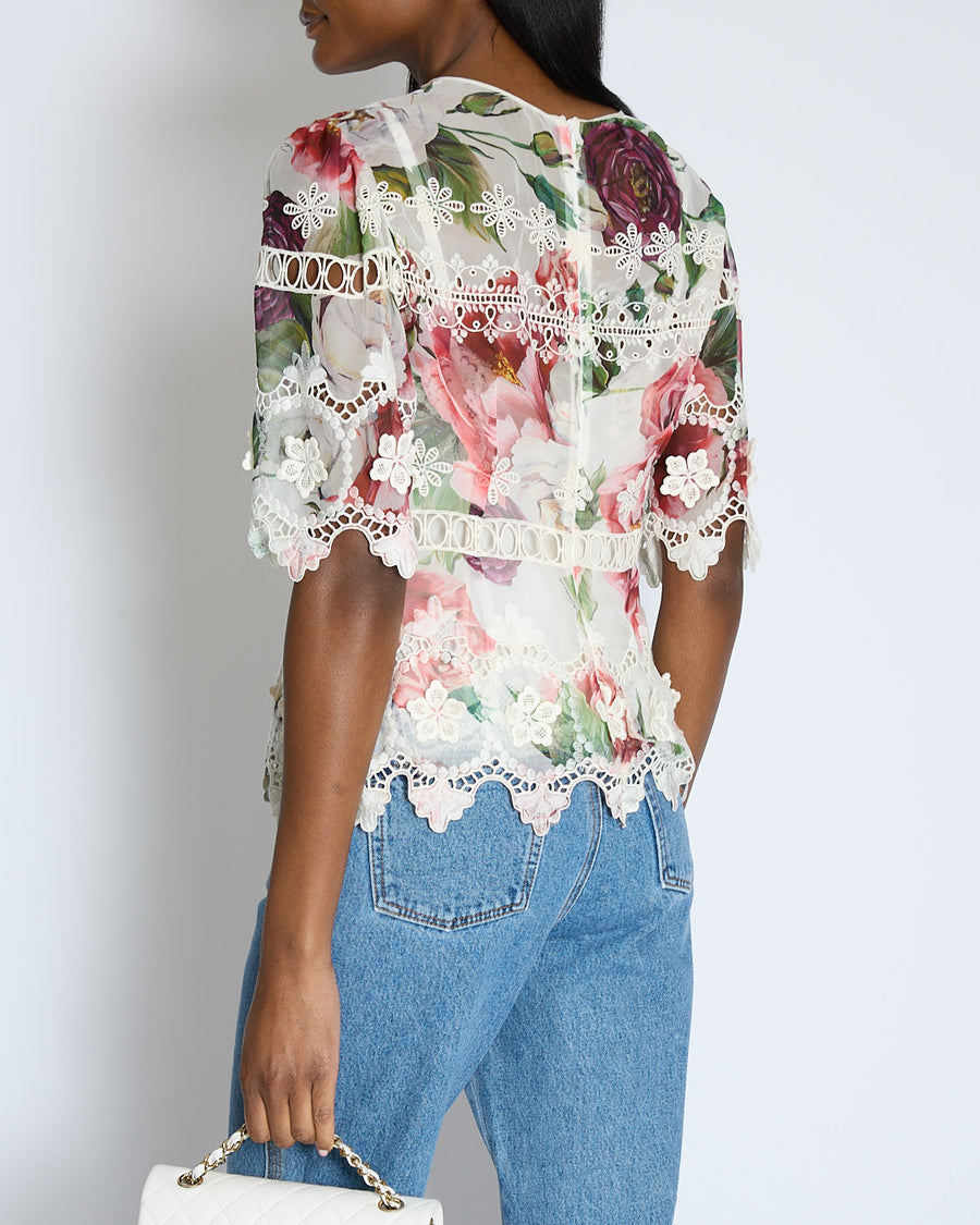 Dolce & Gabbana White and Pink Flower Pattern Top with Lace Detail Size IT 46 (UK 14)