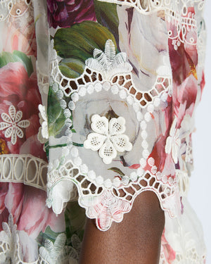 Dolce & Gabbana White and Pink Flower Pattern Top with Lace Detail Size IT 46 (UK 14)