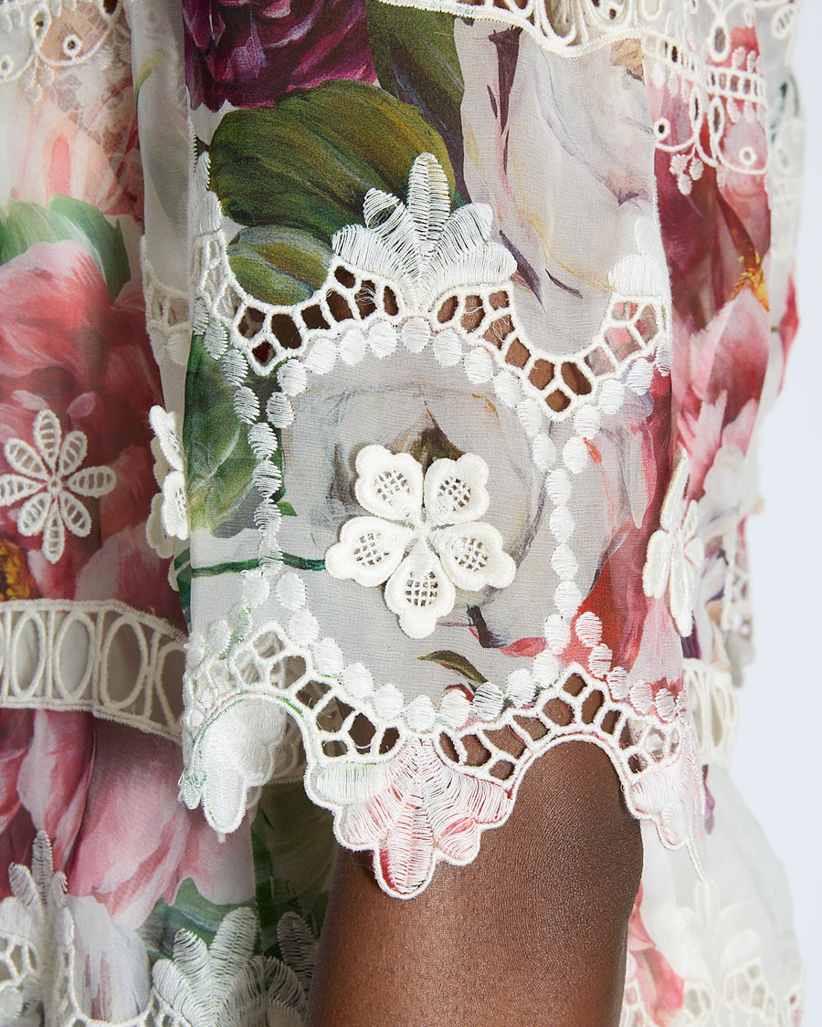 Dolce & Gabbana White and Pink Flower Pattern Top with Lace Detail Size IT 46 (UK 14)