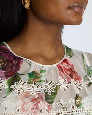 Dolce & Gabbana White and Pink Flower Pattern Top with Lace Detail Size IT 46 (UK 14)