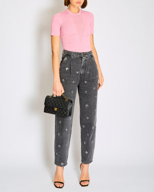 Chanel 21/K Dark Grey Washed Straight Leg High-Waisted Jeans with Silver Metallic CC Logo Details and Silver Button Size FR 40 (UK 12)