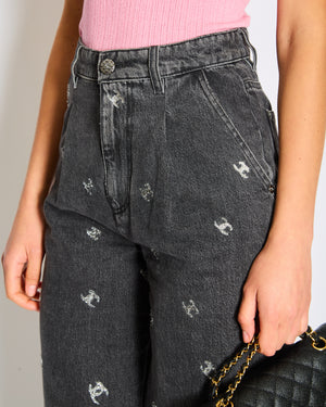 Chanel 21/K Dark Grey Washed Straight Leg High-Waisted Jeans with Silver Metallic CC Logo Details and Silver Button Size FR 40 (UK 12)