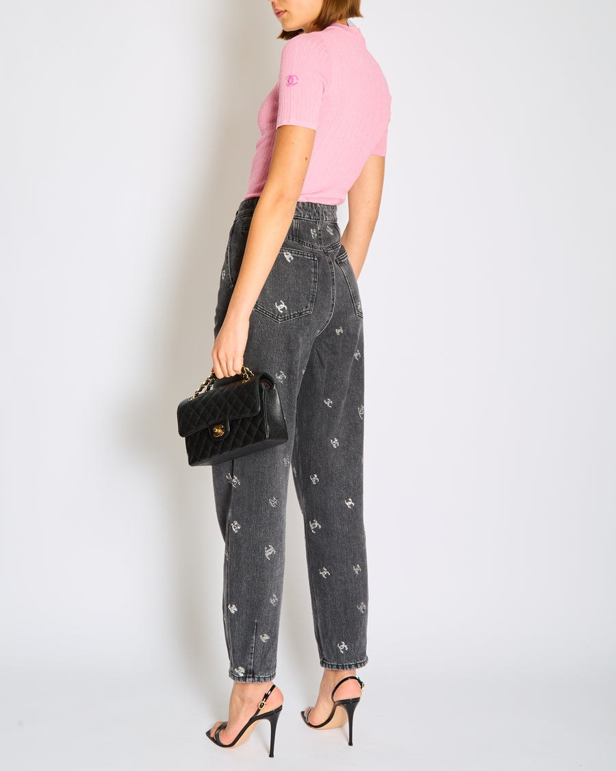 Chanel 21/K Dark Grey Washed Straight Leg High-Waisted Jeans with Silver Metallic CC Logo Details and Silver Button Size FR 40 (UK 12)