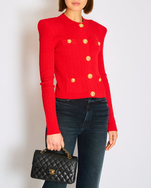 Balmain Red Ribbed Knit Cardigan with Structured Shoulders and Signature Gold Coin Button Detail Size FR 40 (UK 12)